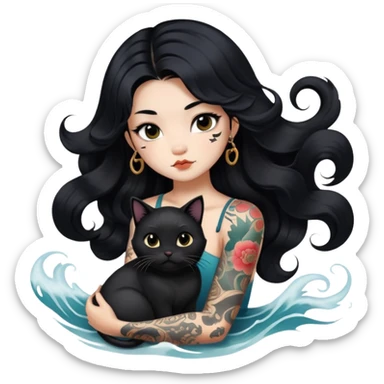 a Chinese girl with long black  Big Wave hair and tattoos and a black round faced cat  sticker