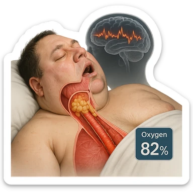 hyper-realistic medical CGI of overweight man sleeping, cross-section showing neck fat compressing airway, trachea walls red, oxygen at 82%, brain scan overlay with micro-awakenings, 4K, clinical sticker