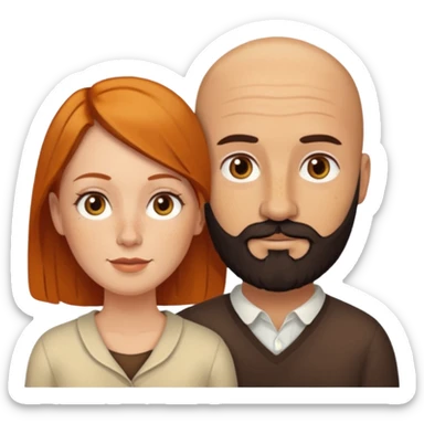 Couple. Bald man with dark brown-black beard. White woman with many small, faded freckles, she has white skin and she has auburn-yellow-brown-cinnamon, dark hair. She has light orange-brown eyes. The man have hazel eyes. Retro style. sticker