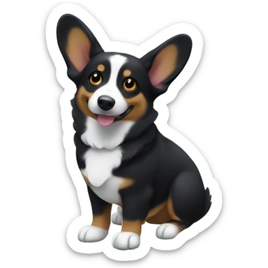 Black corgi with one floppy ear next to a christmas tree sticker