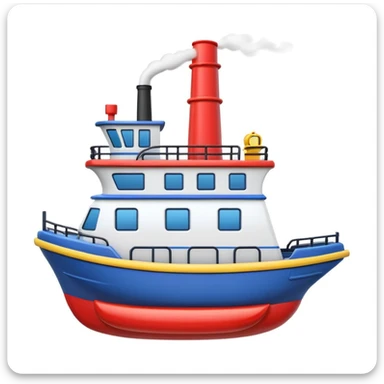 3D apple style emoji of a ship with simplified shapes, cartoon-like look, glossy finish, soft shadows, white background, featuring a red smokestack, blue hull, and recognizable windows sticker