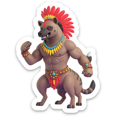 A native strong buff hyena with war bonnet flexing posing  sticker