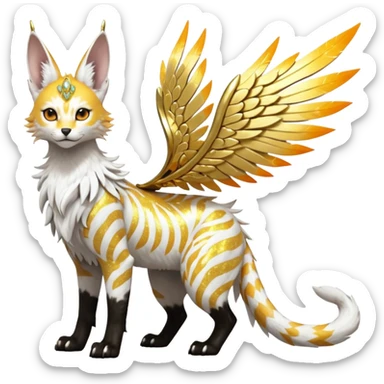 Epic complex fantasy glorious detailed futuristic divine godly angelic feathery sunny, white, albino, pastel, golden, orange glowing sparkly, realistic Fakémon-Sprigatito-Floragato-Meowscarada-Trico-Sergal-Serval-Solgaleo-Vernid-creature (full body) solarpunk, shiny sparkly with a gold laurel sticker