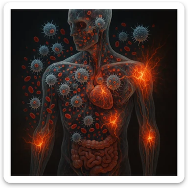 Symbolic representation of the human body from the inside, semi-realistic and anatomical. Immune cells attacking healthy tissue, red and white blood cells in conflict, glowing areas of inflammation and cellular confusion. Certain organs or joints subtly highlighted as targets with crackling energy or red flare to symbolize autoimmune damage. Dark background, vibrant biological detail, style between medical illustration and conceptual art, hyperrealistic 4K. sticker