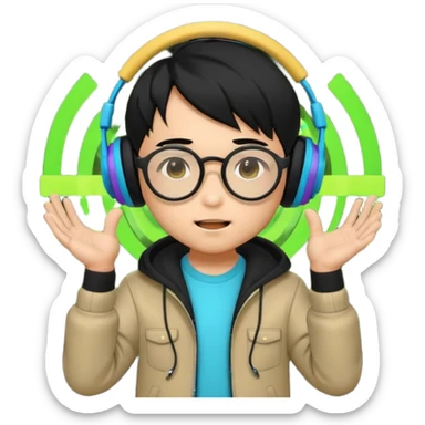Chibi Japanese boy with black hair and round glasses, big headphones, vibing hard to electronic music, strong beat pulse lines around him, neon glow, exaggerated cartoon style, streaming emote. sticker