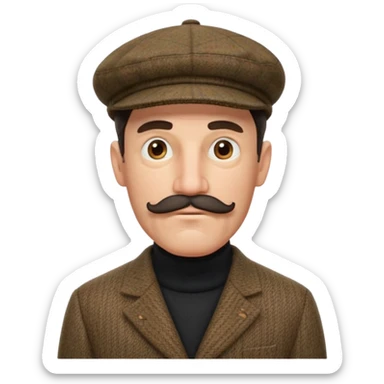 three quarter head profile huge mustache big sideburns sport coat black turtleneck tweed flat cap, squinting eyes trying to puzzle out sticker