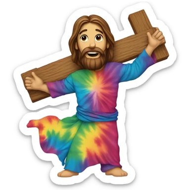 Jesus carrying a giant wooden cross that is rainbow colors like rainbow colors tiedye patterned on the entire cross  sticker