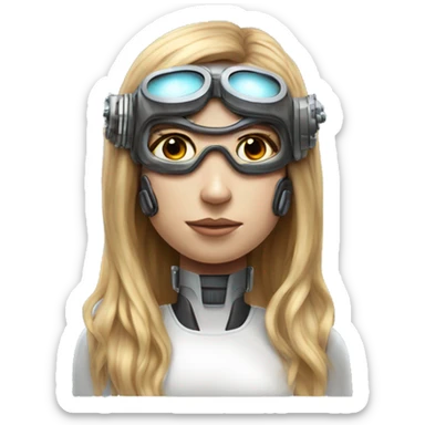 female cyborg head, fair skin, Brown long hair with blonde steaks, space age goggles and circuits sticker