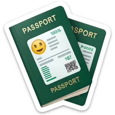 white passport with protruding airline tickets, dark green elements on passport and tickets, emoji style sticker