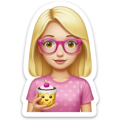 a girl with long lashes, long blonde hair, wearing "yellow dot t-shirt" and pink glasses, holding a pudding sticker