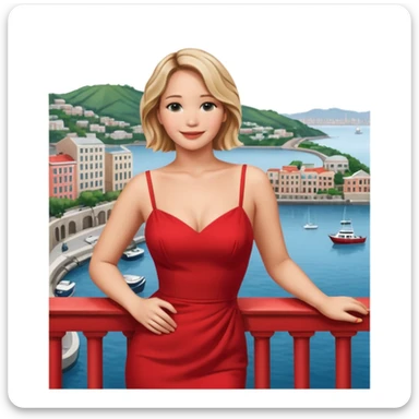 jennifer lawrence, red dress leaning on a balcony with a harbor and cityscape in the background, smiling, closeup sticker