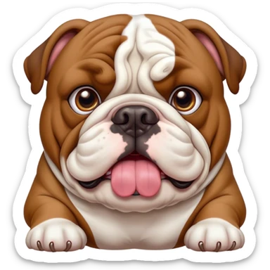 Cinematic Comical Brown and White English Bulldog Portrait Emoji, Head tilted dramatically with an exaggeratedly amused expression, featuring a striking brown and white coat with a bold pattern, wide, expressive brown eyes filled with playful disbelief, Simplified yet hilariously expressive features, highly detailed, glowing with a slightly sassy glow, high shine, dramatic yet playful, stylized with an air of cheeky defiance, bright and endearing, soft glowing outline, capturing the essence of a spirited and over-the-top guardian, so meme-worthy it feels like it could side-eye its way into internet fame instantly! sticker