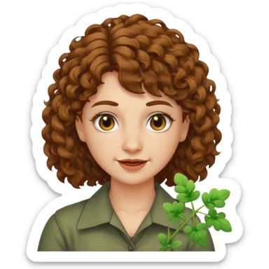 bust woman short curly brown mullet hair brown eyes white skin chewing clover stem, sarcastic grin sticker