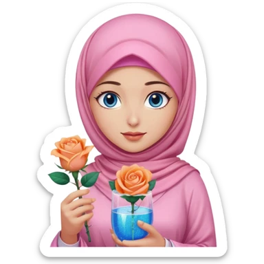 Turkish beautiful finish Konya girl blue eyes with  pink hijab islamic dress and had on her hand Glittery rose mocktail with orange light pink roses sticker