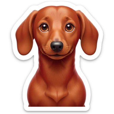 Cinematic Comical Red Dachshund Portrait Emoji, Head tilted dramatically with an exaggeratedly amused expression, featuring a sleek red coat with a vibrant sheen, wide, expressive brown eyes filled with playful disbelief, Simplified yet hilariously expressive features, highly detailed, glowing with a slightly sassy glow, high shine, dramatic yet playful, stylized with an air of cheeky humor, bright and endearing, soft glowing outline, capturing the essence of a spirited and over-the-top companion, so meme-worthy it feels like it could side-eye its way into internet fame instantly! sticker