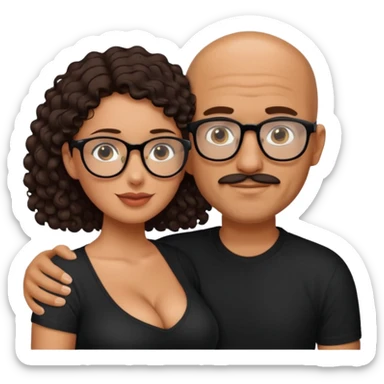 A picture of an embracing tanned couple. the man is a Mexican man with tanned skin, with a bald hair cut, short beard and wearing a black shirt. the woman is short with long curly dark brown hair and with big boobs. Put glasses on the woman only. No glasses on the man sticker