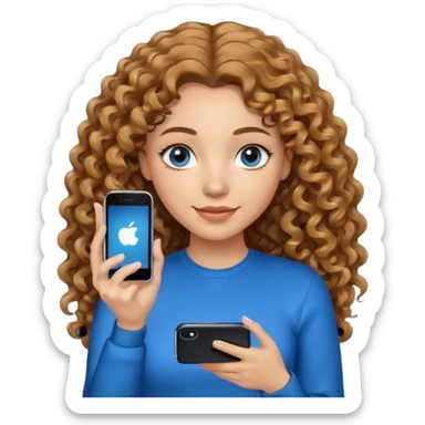 generate a pretty woman with blue eyes, light skin and medium brown long curly shiny hair holding an iphone she is looking at the phone and holding it in her hand. she is wearing an ALL black long sleeve sticker