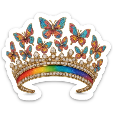 butterfly crown with a rainbow base, butterflies in multicolor enamel, sparkling gems, transparent background sticker