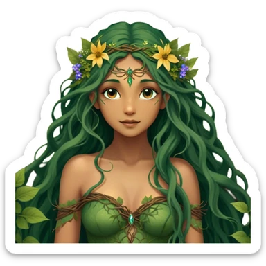 Cinematic Realistic Forest Nymph Fairy Portrait, depicted with lifelike, sun-kissed tanned skin that radiates an earthy glow, softly illuminated by natural, dappled light. Her long, flowing dark green hair is intricately detailed and interwoven with delicate vines and wildflowers, while her deep, soulful eyes mirror the wisdom of the forest. Dressed in an attire inspired by nature’s palette—with subtle botanical motifs—the portrait exudes a soft, enchanted glow that melds realism with woodland magic showing her large butterfly wings. sticker