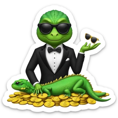 capitalist iguana banker in tuxedo and black sunglasses lying comfortly on coins sticker