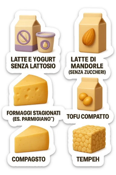 emoji stile iphone 3d di questi elementi che fluttuano in aria:

Latte e yogurt delattosati
Latte di mandorla (non zuccherato)
Latte di soia da proteine isolate
Formaggi stagionati (es. parmigiano)
Tofu compatto e tempeh
 che fluttuano in aria,  le etichette scrivile in italiano, iperealistico 4k sticker