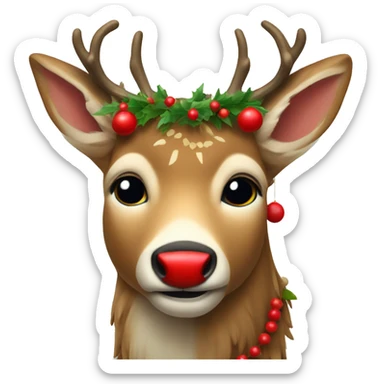 Deer with a garland on the horns, red nose sticker