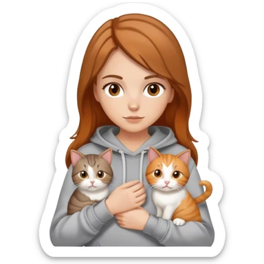 A white girl with brown caramel hair with highlights wearing a gray hoodie holding two cats one is white and baige and the other one is orange and white  sticker