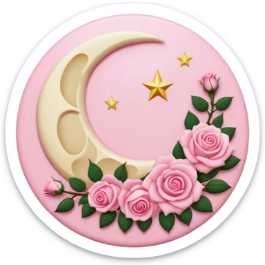 A round pink button with a cream colored crescent damask moon and pink roses in the center sticker
