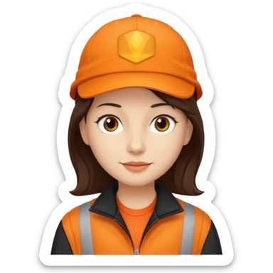 Kindly Keyin with dark brown hair, orange cap and shirt, black jacket sticker