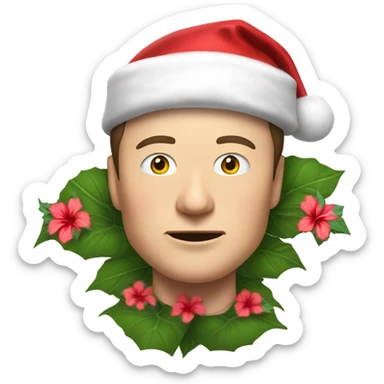 Elon Musk wearing a hibiscus flower with a Santa hat sticker
