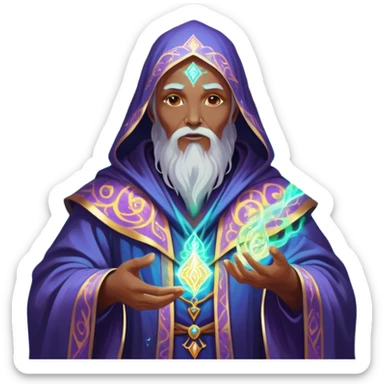 A luminescent enchanting Wizard, his ethereal presence shimmering with otherworldly energy, each detail radiating with mystical power and ancient wisdom. The painting, a masterpiece of acrylic art, captures the Wizards hauntingly beautiful visage in exquisite detail. Swirls of cosmic colors dance around him, evoking a sense of celestial wonder, while intricate patterns of glowing runes adorn his intricate robe. The image is vivid and captivating, drawing viewers into a mesmerizing realm of fantasy and magic. sticker