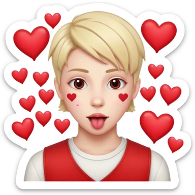 A cross eyed unisex with their tongue out far with Valentine’s Day decor/hearts around sticker