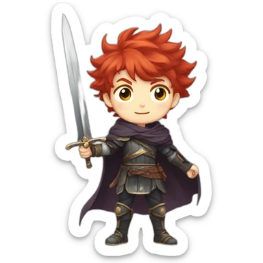 Anime boy with Red hair, with cheeky grin and pointy fluffy hair with a sword in a defense stance, alone sticker