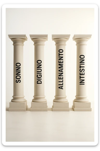 5 pilastri con le scritte "SONNO", "DIGIUNO", "ALLENAMENTO", "INTESTINO", IMMAGINE IPERREALISTICA SFONDO CHIARO IN ITALIANO sticker