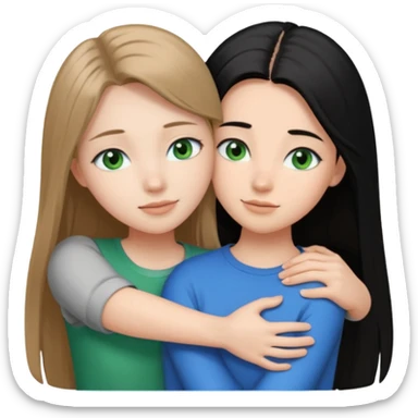 una ragazza dall‘ età di 19 anni con capelli castani chiaro lunghi e lisci ,  occhi CELESTI ,  e una ragazza di 17 anni capelli neri occhi verdi che si abbracciano   sticker