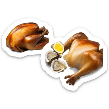 Turkey next to blackened toast and oysters and a a slice of toast sticker