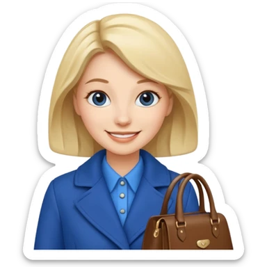 woman in blue coat, handbag sticker