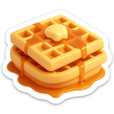 Edit the image to remove any syrup droplets while keeping the 3D emoji style golden waffle with grid pattern, melting butter, and evenly drizzled maple syrup. Maintain soft lighting and minimal shadows. The background should be transparent. The style is 3D emoji style. sticker