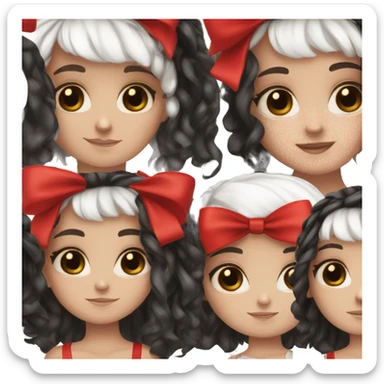 girl with black and white split dye hair, freckles, brown eyes wearing a red bow sticker