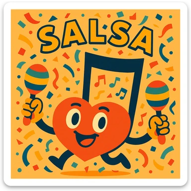 a stylized salsa music note with maracas and confetti, festive and fun sticker