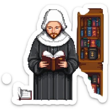 person reading the Canterbury Tales and drinking tea, Geoffrey Chaucer standing behind sticker