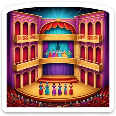 An icon showing a grand theater stage with actors performing in a vibrant play, surrounded by dramatic lighting. The audience watches from colorful balconies, adding to the lively atmosphere. The design captures the magic of live theater, set against a transparent background. sticker