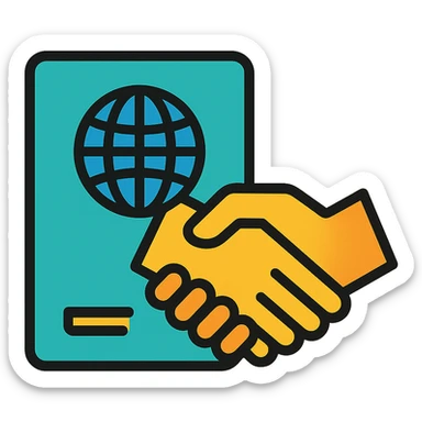 Add a symbol of a passport or official document to the icon, keep the style and colors consistent, emphasize trust and integration, no background. sticker