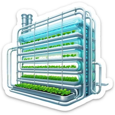 Exterior view of a futuristic hydroponic farm with glowing neon pipes and transparent water channels, sleek buildings shaped like nutrient tanks, vegetables and wheat growing in vertical layers, surreal atmosphere, emoji-style, cartoony sticker
