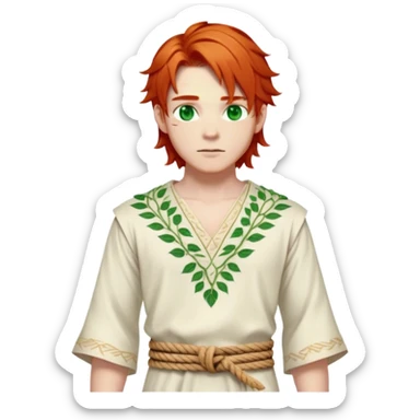 Medieval spring outfit worn by a DnD themed fantasy male character. Ecru cotton tunic featuring delicate leaf patterns in cream thread, paired with a twisted rope belt. Clothes only above the waist, full waist coverage. The character has no arms. Character is white-skinned with ginger red hair, emerald green eyes, and shoulder-length layered hair. sticker