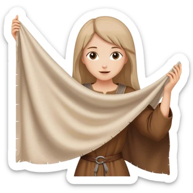 girl in brown tunic holding up a large white piece of cloth, medieval age sticker