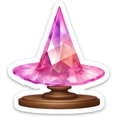 crystal sculpture witch hat with a geometric, faceted design. The hat is standing upright on a wooden stand with angular and baroque features. The vibrant midtone tints of pastels and pink highlights the sharp edges and planes.  sticker