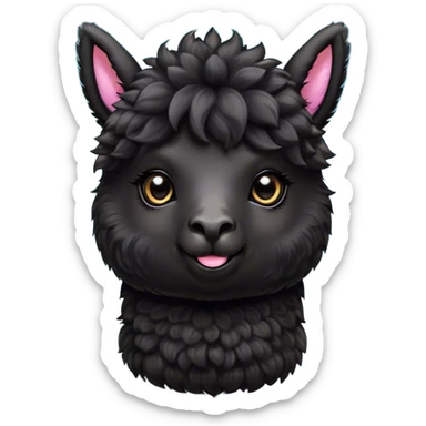Cinematic Cute Black Alpaca Portrait Emoji, Head tilted playfully and inquisitively, featuring a plush, shiny jet-black fleece with a lustrous sheen, round, sparkling dark eyes filled with curiosity, Simplified yet irresistibly adorable features, highly detailed, glowing with a warm, friendly glow, high shine, affectionate and gentle, stylized with a touch of whimsy, bright and endearing, soft glowing outline, capturing the essence of a mischievous yet loving alpaca, so playful it feels like it could prance out of the screen and into your arms! sticker