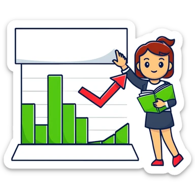 Girl holding chart with rising green graph line in right hand and holding another chart with falling red graph line in left hand sticker