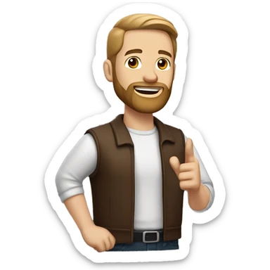 White man with beard, without mustache, hair color brown, hairstyle - straight hair combed to the right, black and red background, half-side body pose, finger up gesture sticker